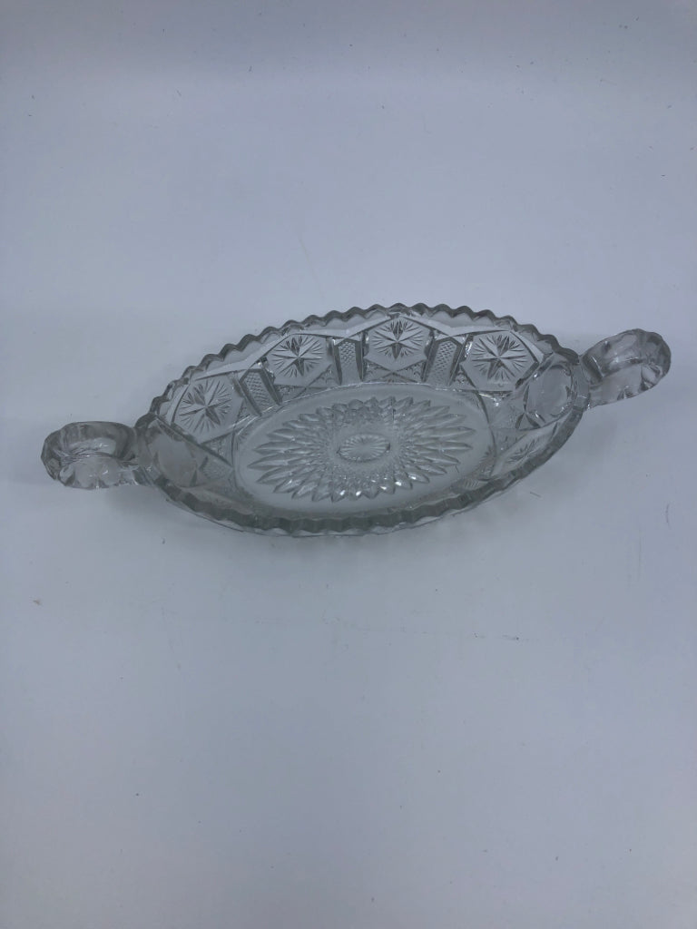 VTG OVAL CUT GLASS DISH W DOUBLE HANDLES.