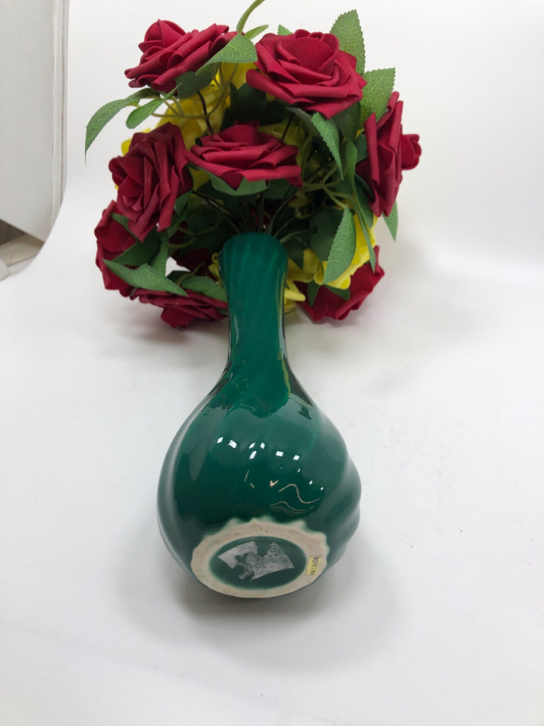 FAUX YELLOW & RED ROSES IN GREEN VASE.