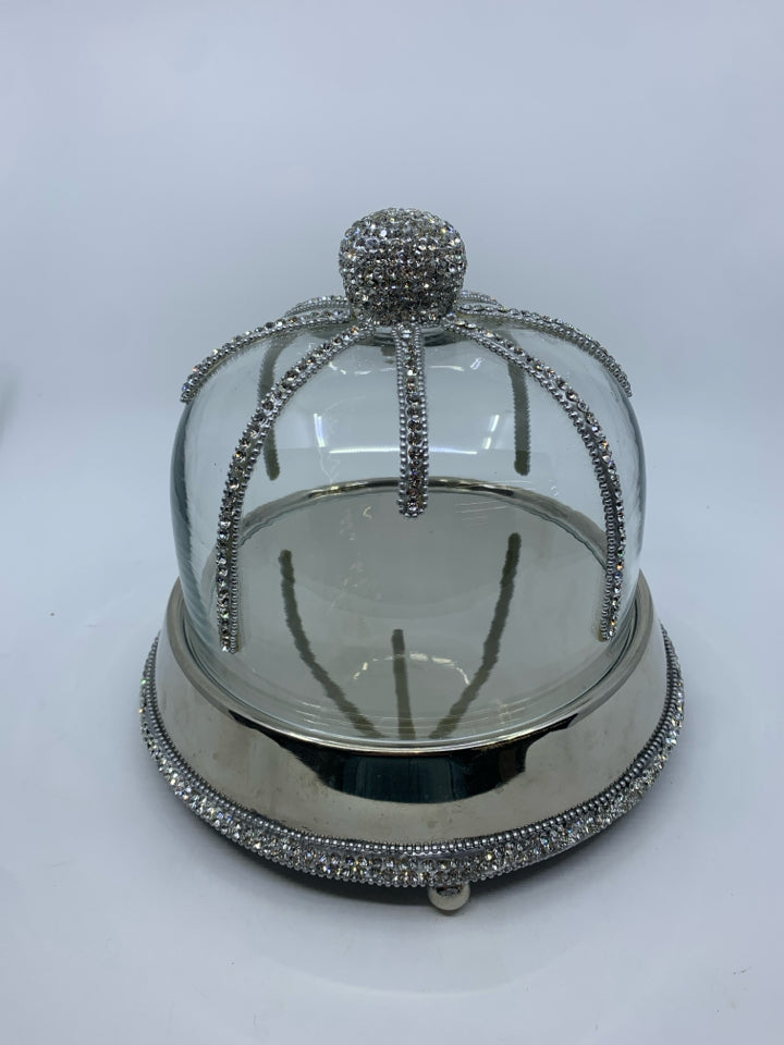 SILVER METAL BASE W/ GLASS JEWELED DOME CAKE SERVER.