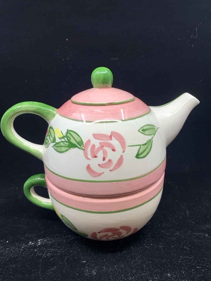 PINK AND GREEN FLORAL 3 PC TEA FOR ONE SET.