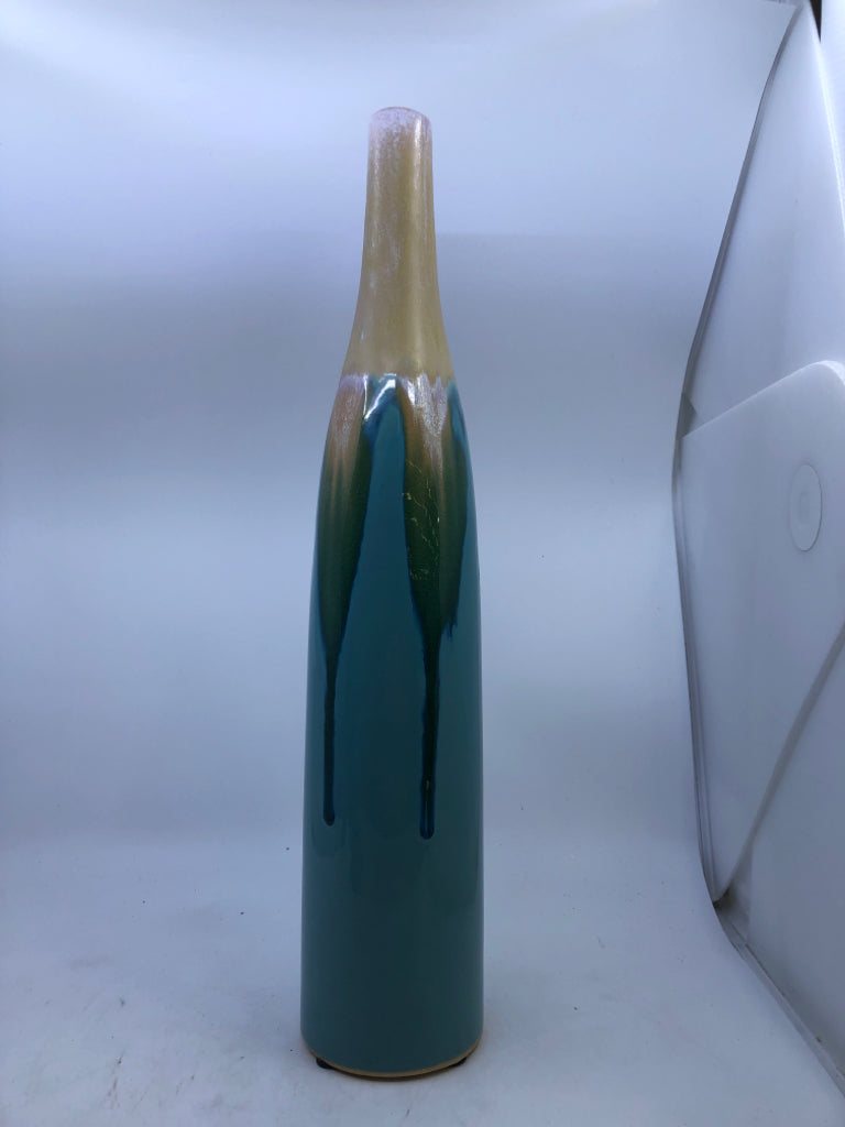 TEAL VASE W/ CREAM NECK.