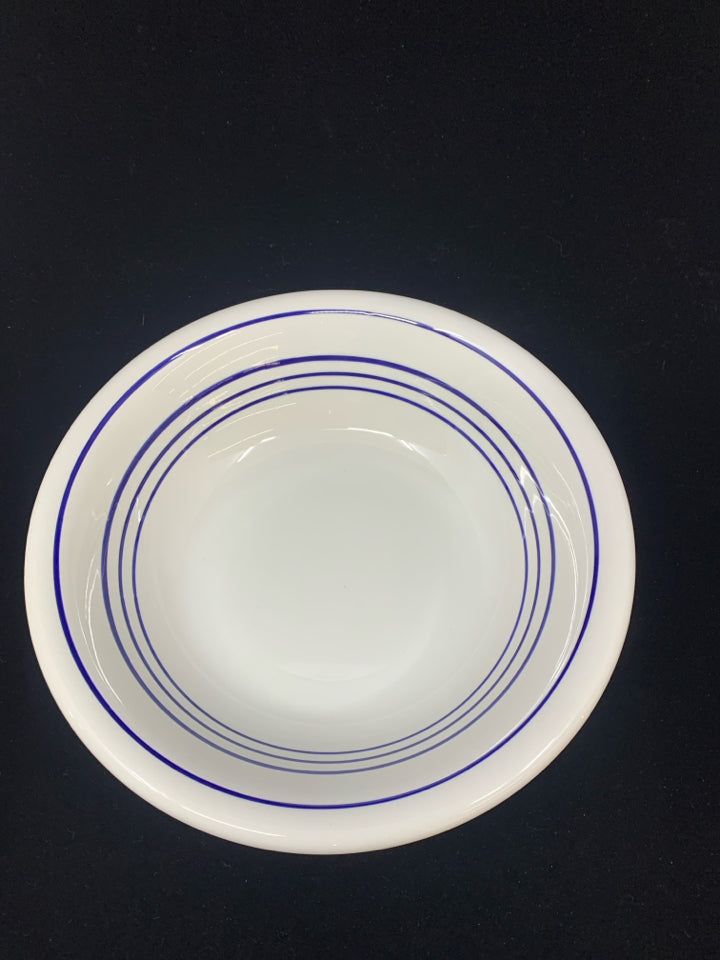 WHITE CERAMIC SERVING BOWL W/BLUE LINES.