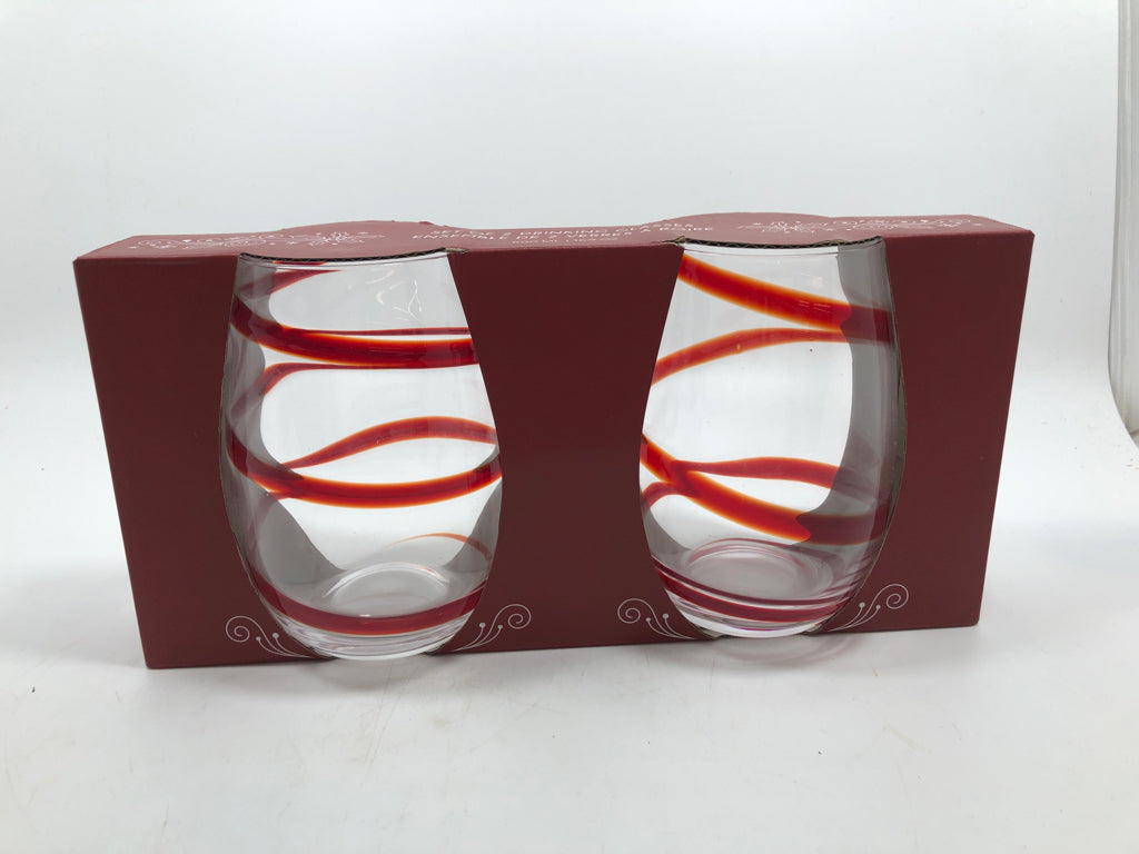 NIP 2 STEMLESS RED SWIRL WINE GLASSES.