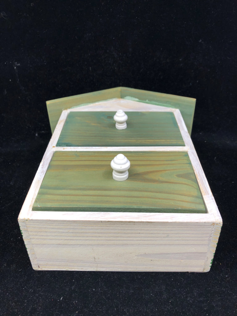 SMALL WOOD HOUSE STORAGE W/ 2 DRAWERS GREEN/WHITE APPLES.