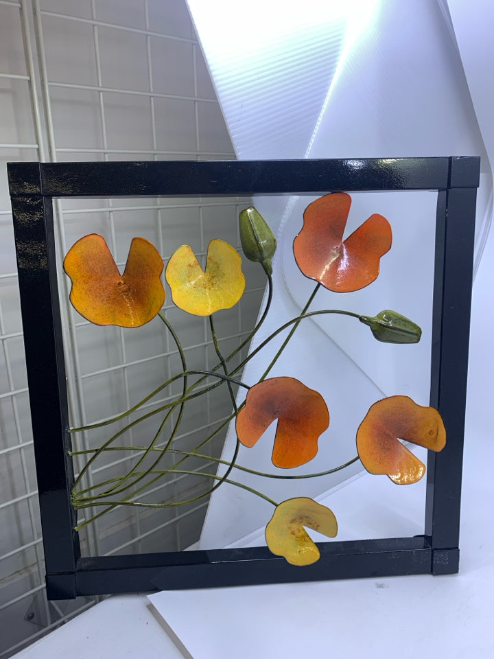 METAL SQUARE WALL ART W/ COLORED LILLY PADS.