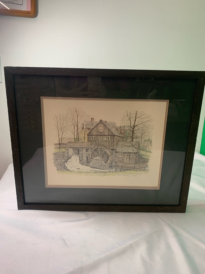 JERSEY GRIST MILL PLYMOUTH SKETCHED PHOTO IN DARK FRAME.