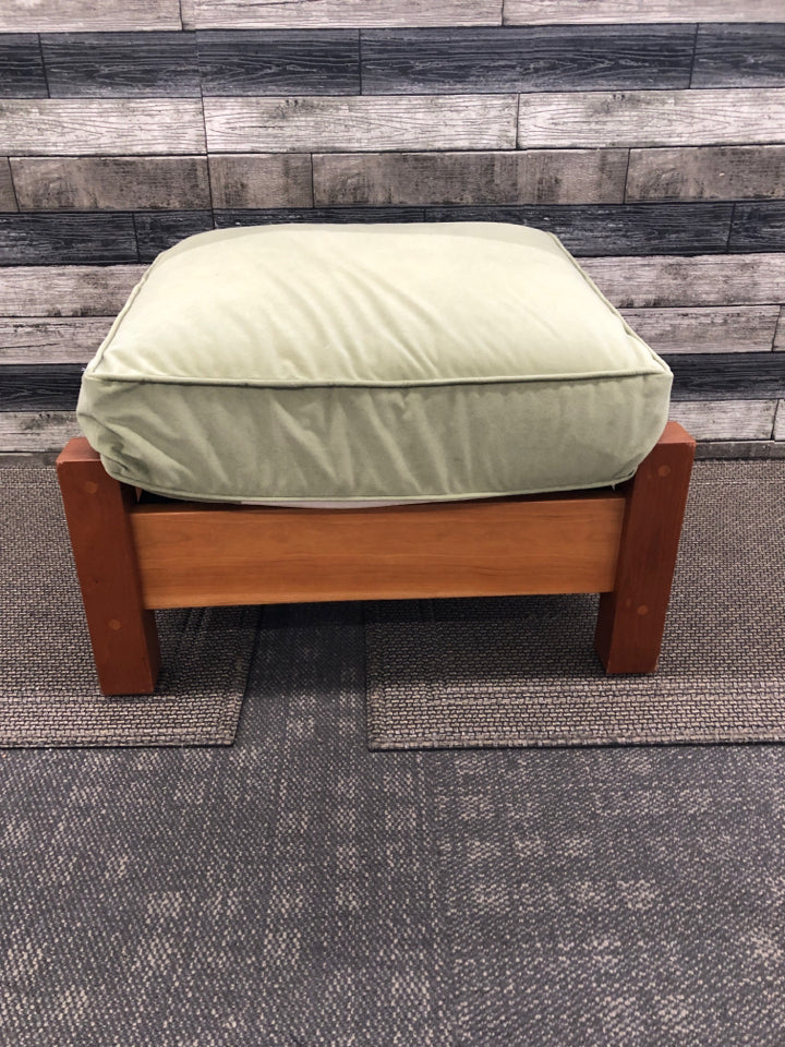 OAK WOOD W/ GREEN CUSHION POUCH CHAIR W/ OTTOMAN.