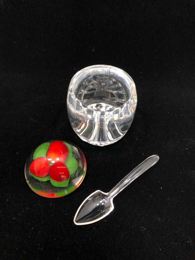ACRYLIC JAM JAR W/STRAWBERRIES EMBEDDED LID AND SPOON.