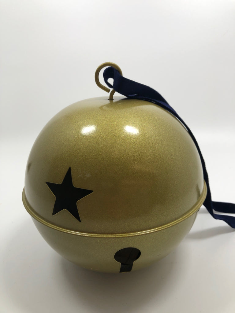GOLD BELL W/CUTOUT STARS BLUE RIBBON.