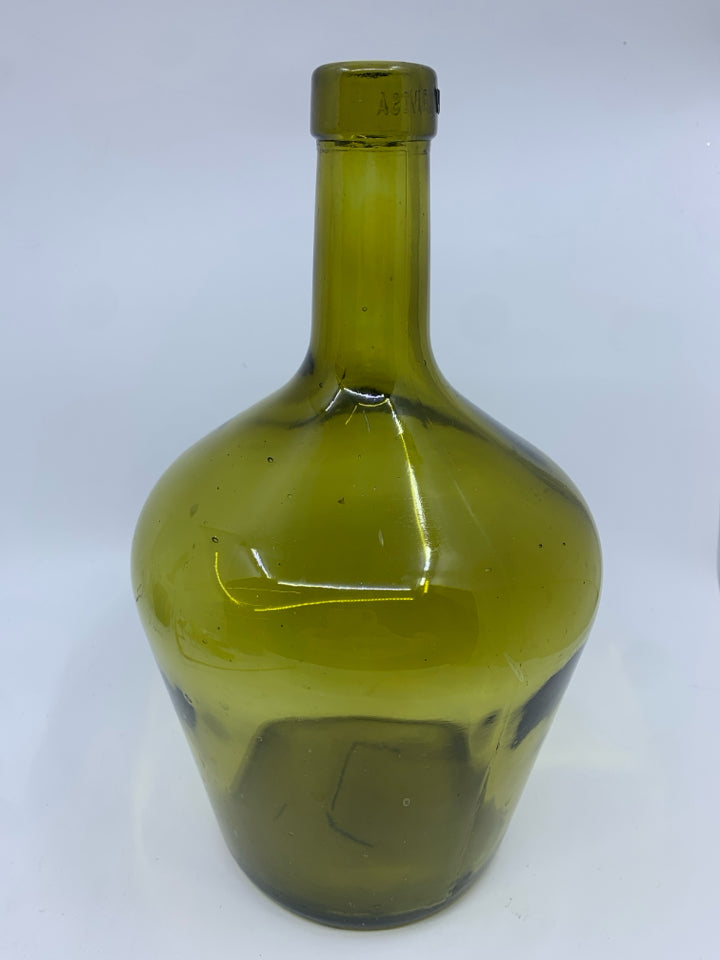 GREEN GLASS BOTTLE W NARROW TOP.