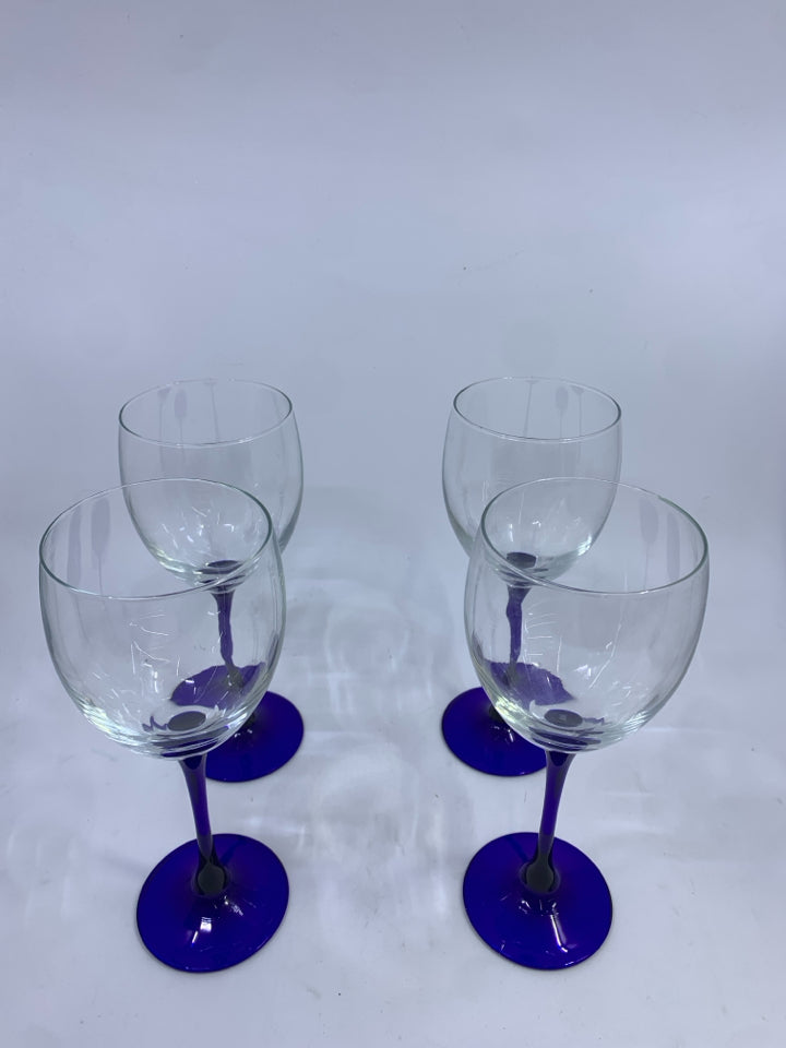 4 BLUE STEM WINE GLASSES.