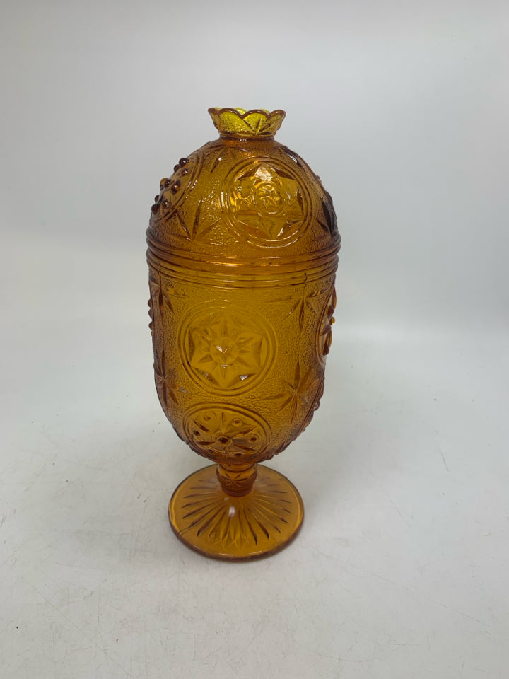 VTG FOOTED STAR PATTERN OVAL COVERED CANDY DISH.