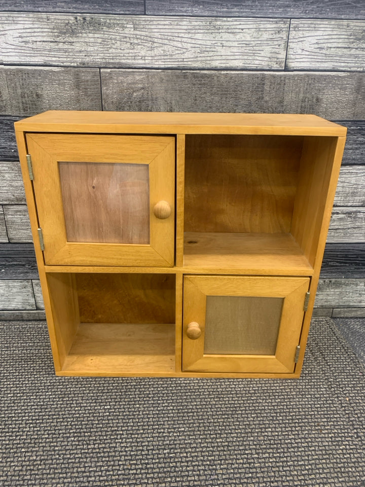 WOOD CUBBY SHELF W/TWO PHOTO FRAME DOORS.