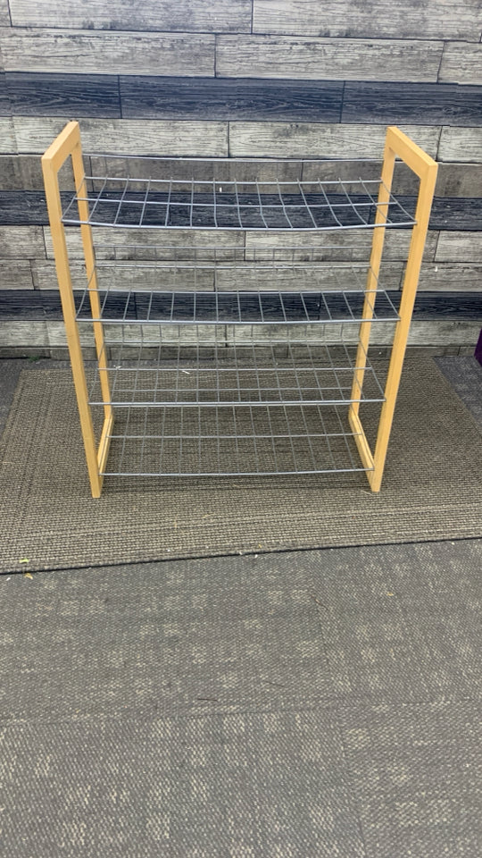 WOODEN SIDED SHOE RACK.