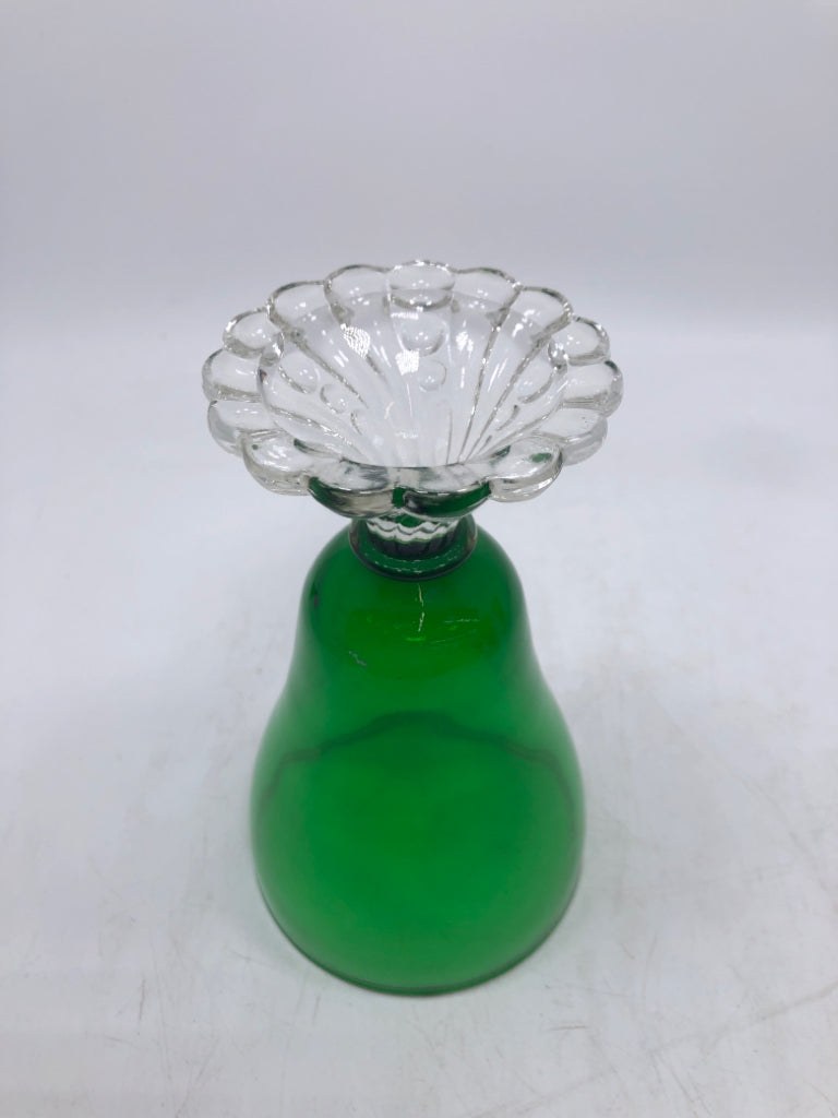 8 GREEN GLASS GOBLETS W/CLEAR GLASS BUBBLE BASE.
