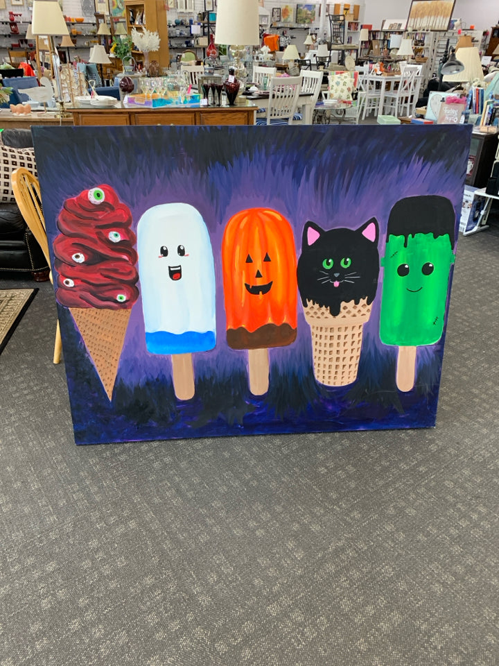 LARGE COLORFUL HALLOWEEN PAINTED POPSICLES WALL HANGING.