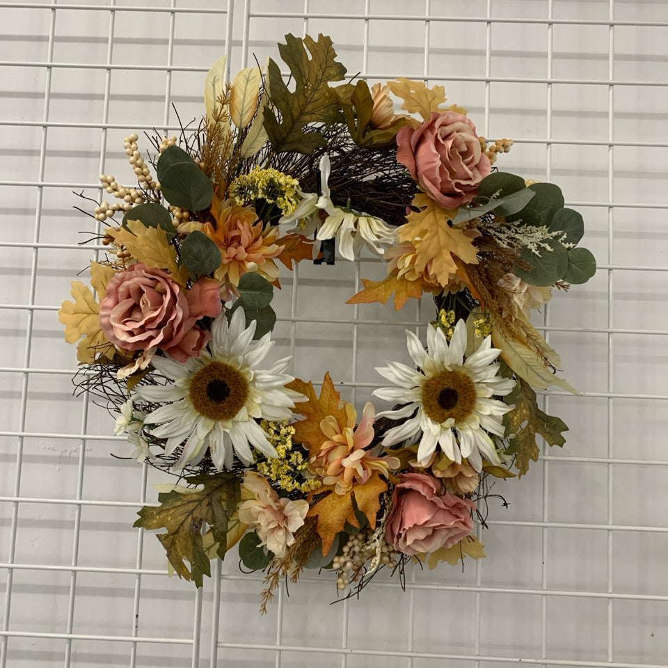 ORANGE/WHITE FAUX FLOWER WREATH.