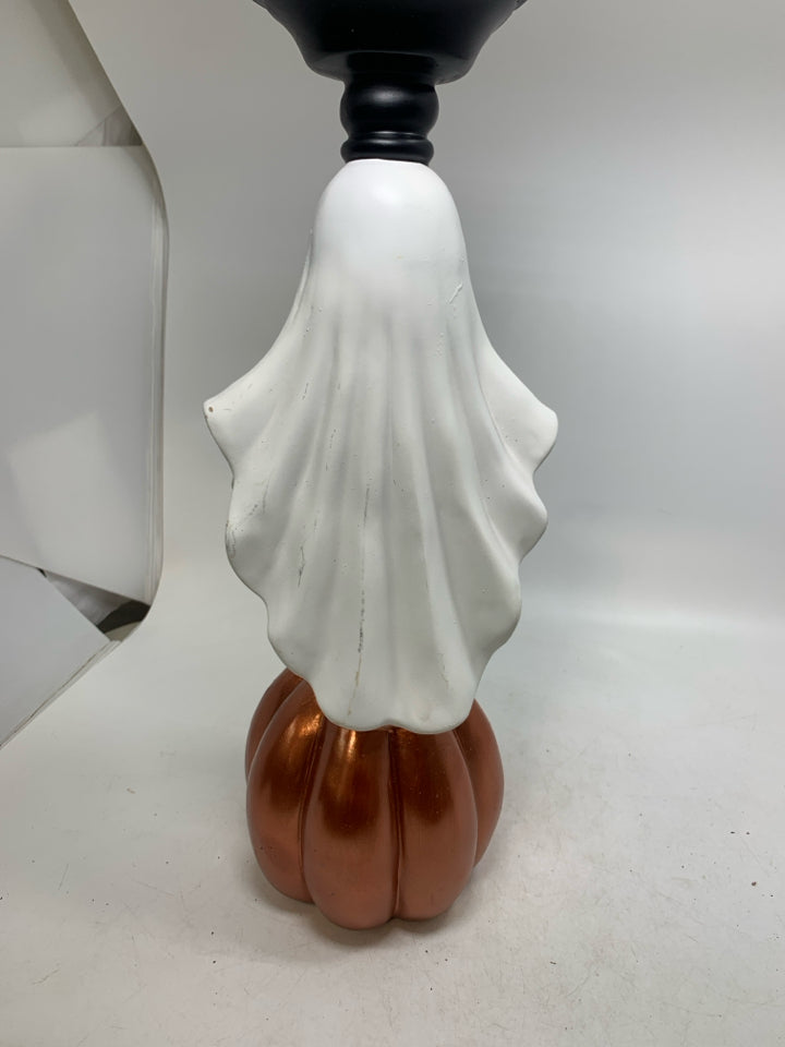 JACKO LANTERN GHOST STACKED TALL PILLAR CANDLE HOLDER.