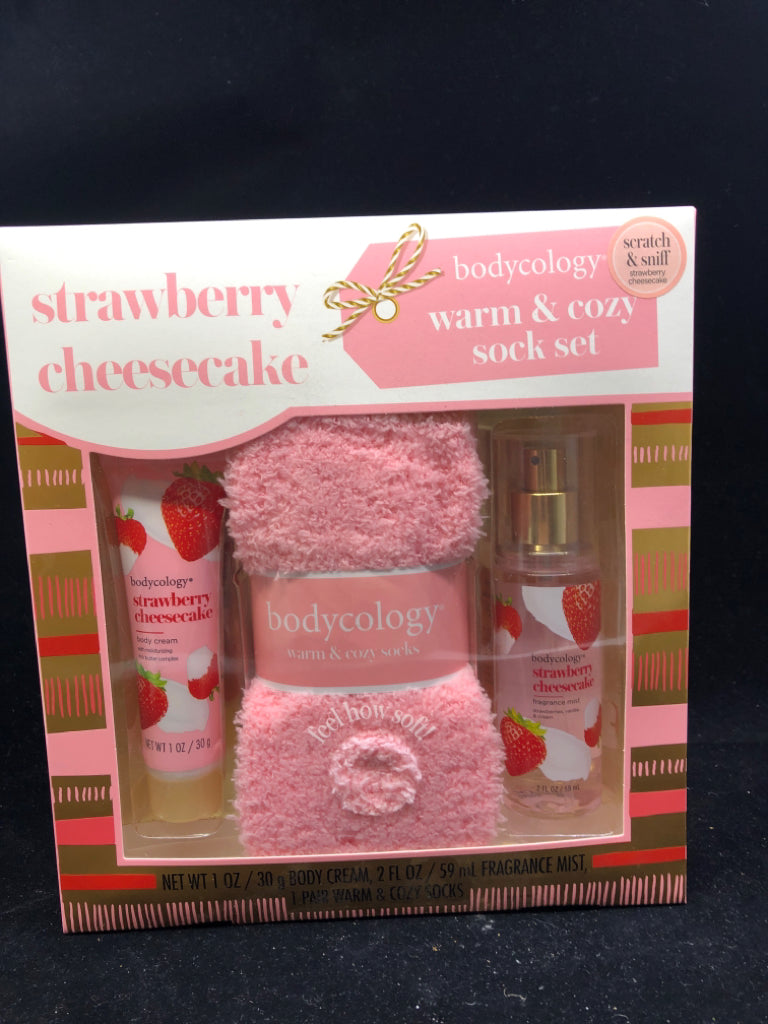 NIP STRAWBERRY CHEESECAKE BODYCOLOGY LOTION,SOCKS,FRAGRANCE MIST.