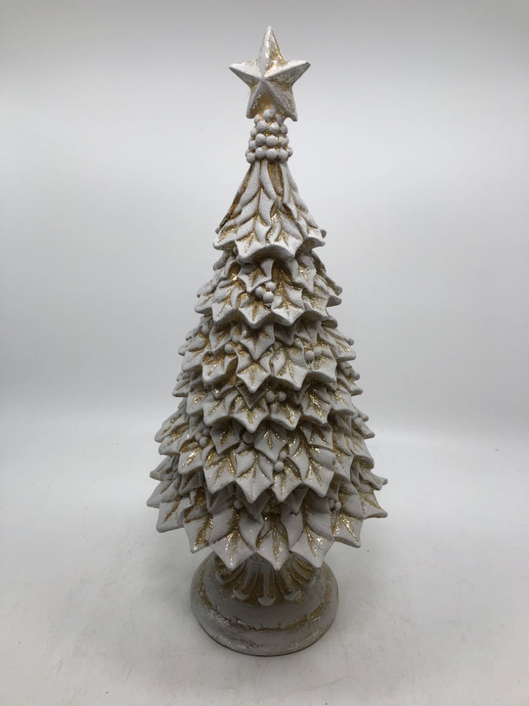 RESIN GREY CHRISTMAS TREE W/ GOLD SPARKLES.