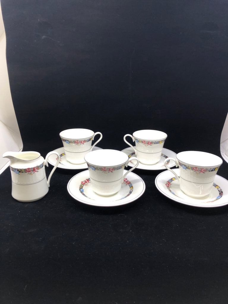 5pc WHITE W/ BLACK RIM OF FLOWERS-4 CUPS+ SAUCERS, 1 CREAMER 4".