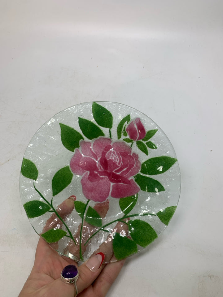 DARK PINK ROSE FUSED GLASS PLATE.