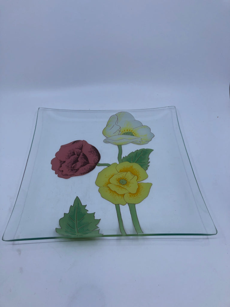 PAINTED FLOWERS ON GLASS PLATE.