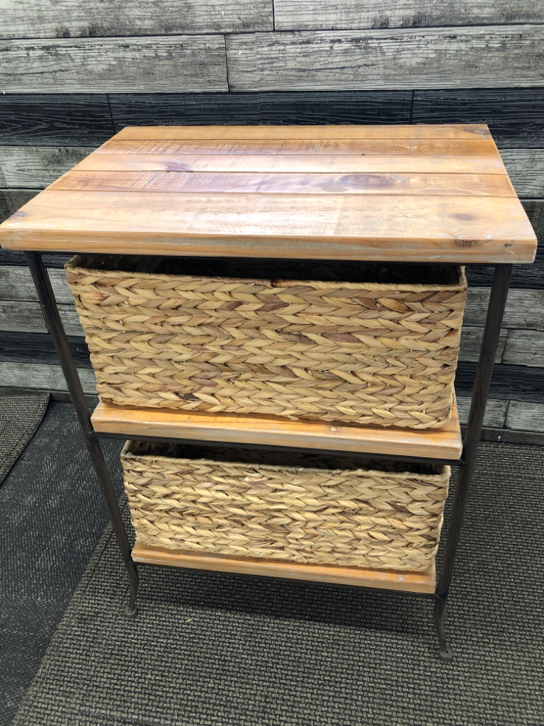 FARMHOUSE STYLE 3 SHELF TABLE W TWO BASKETS.