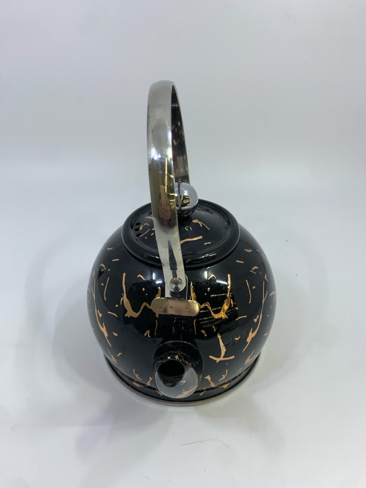 METAL BLACK & GOLD TEA KETTLE.
