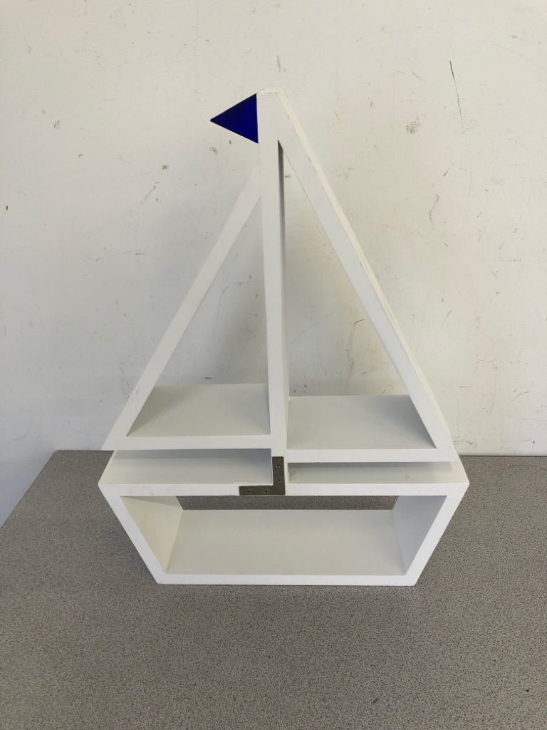 WHITE SAILBOAT SHELF W BLUE FLAG.