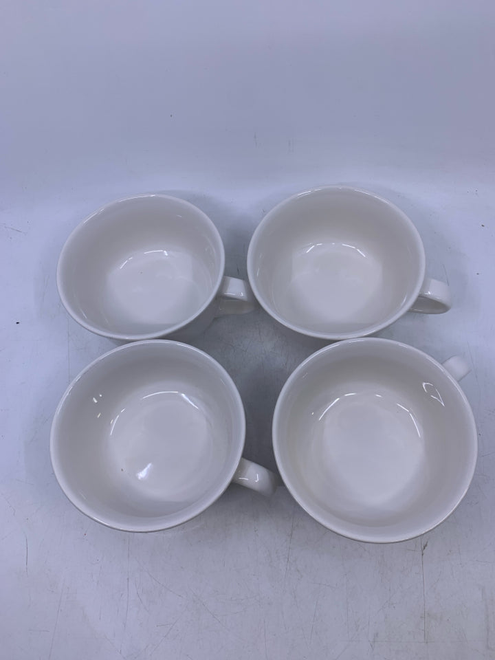 4 OFF WHITE SOUP BOWLS W/ DETAILED EDGE.