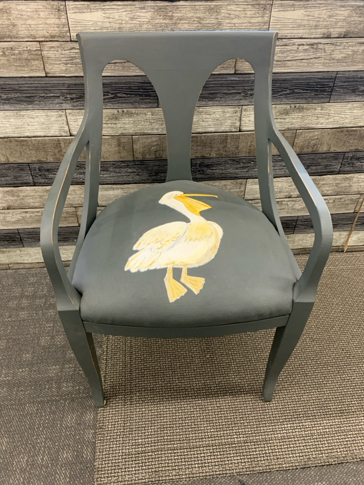 2 REFURBISHED DARK GREY ACCENT CHAIRS W/ PAINTED SEA BIRDS ON SEAT.