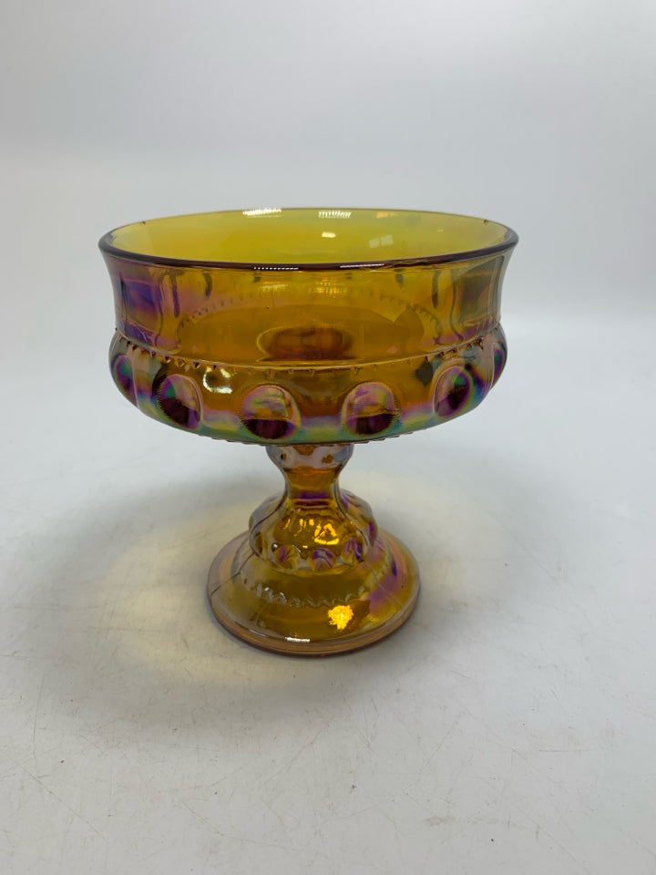 FOOTED AMBER IRIDESCENT GLASS W/ THUMB PRINT.