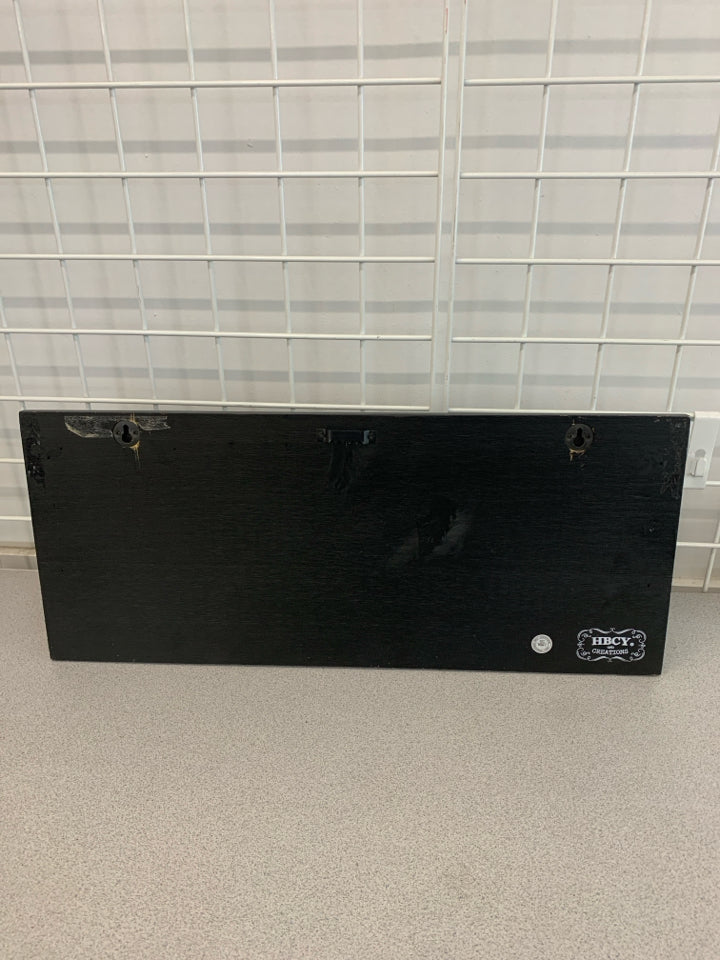 BLACK WALL SHELF W/ 5 HOOKS.