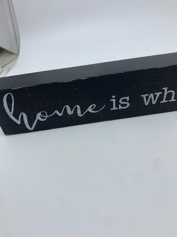 HOME IS WHERE THE FAMILY GATHERS WOOD BLOCK SIGN.