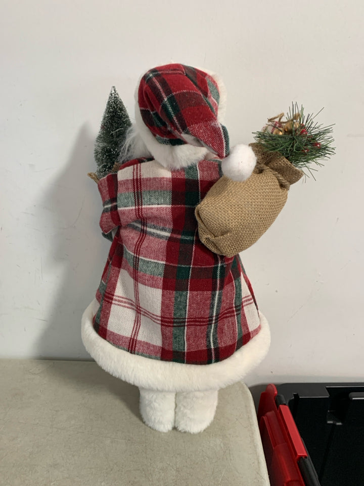 STANDING SANTA RED/GREEN PLAID SUIT W/ WHITE FUZZY BOOTS.