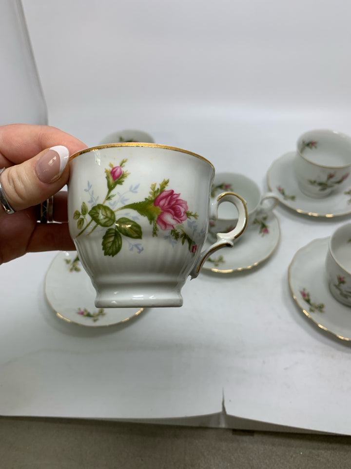 10 PC SVC 5 CMIELOW PINK ROSES TEA CUPS/SAUCERS.