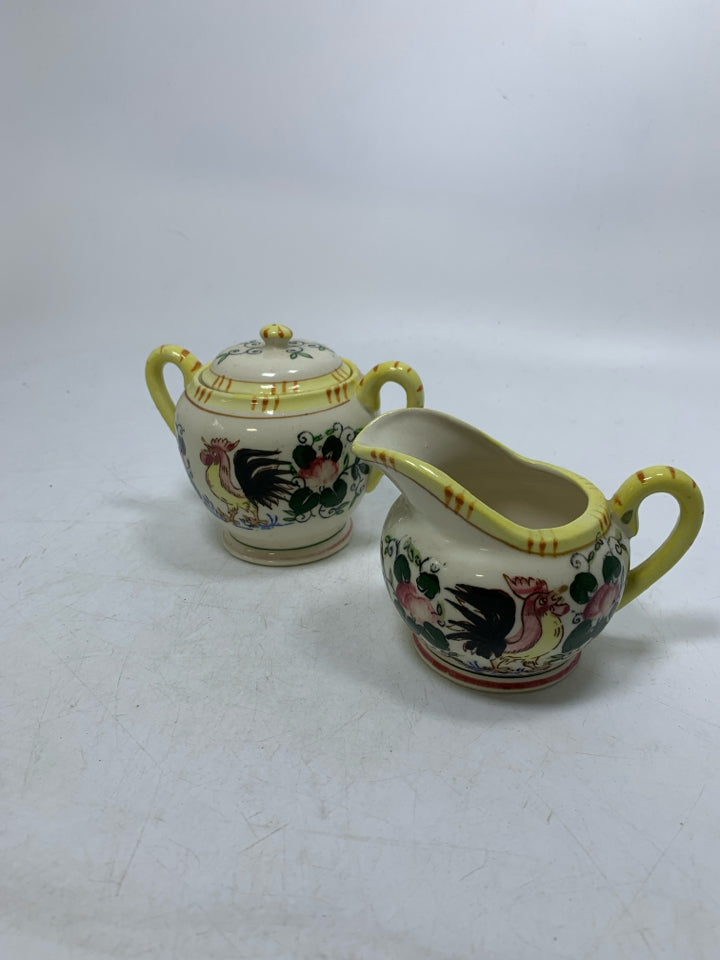 VTG ROOSTER YELLOW TRIM CREAMER & COVERED SUGAR- JAPAN.