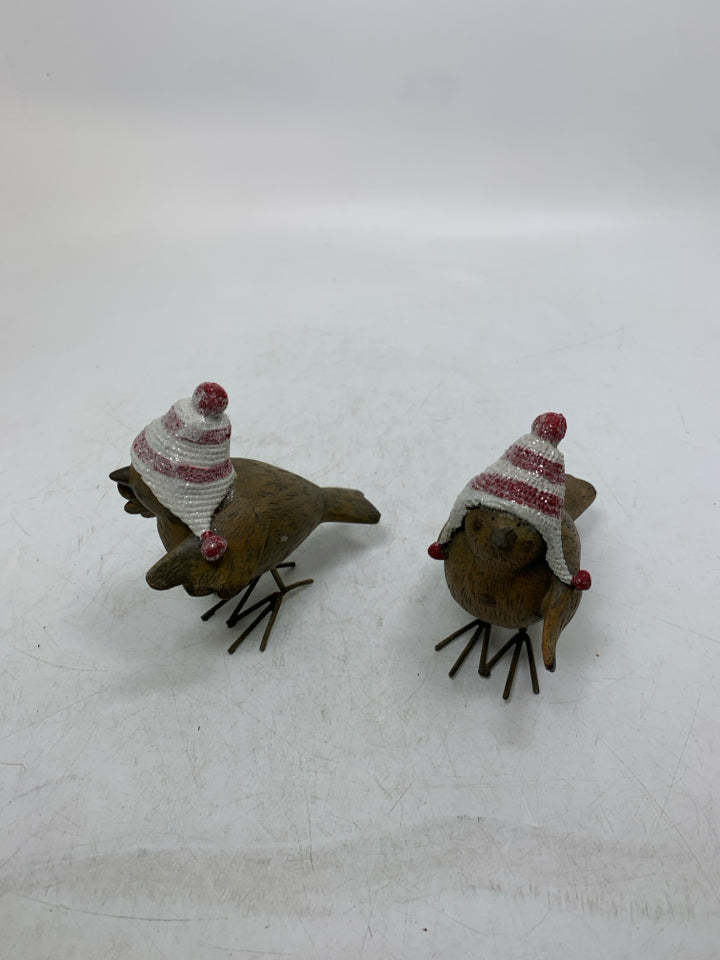 2 BROWN RESIN CHICKADEES W/ STRIPED GLITTER HATS.