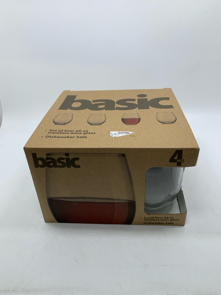 NIB 4 STEMLESS CLEAR WINE GLASSES.