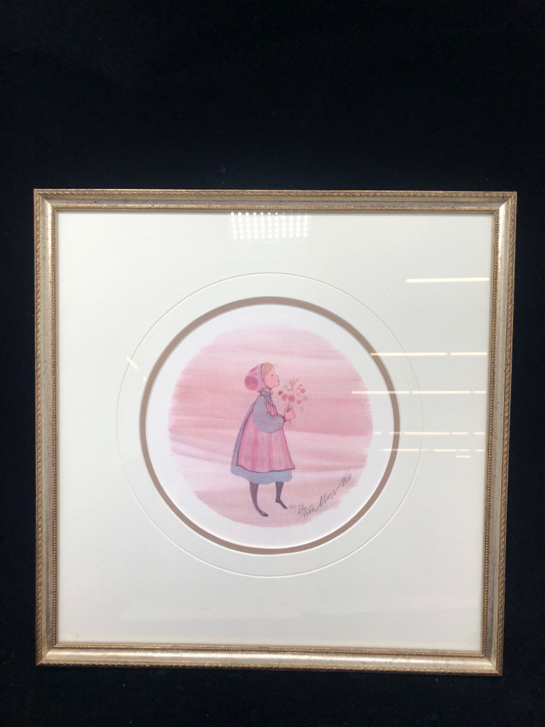 GIRL WITH FLOWERS SIGNED ART PRINT IN SILVER FRAME.
