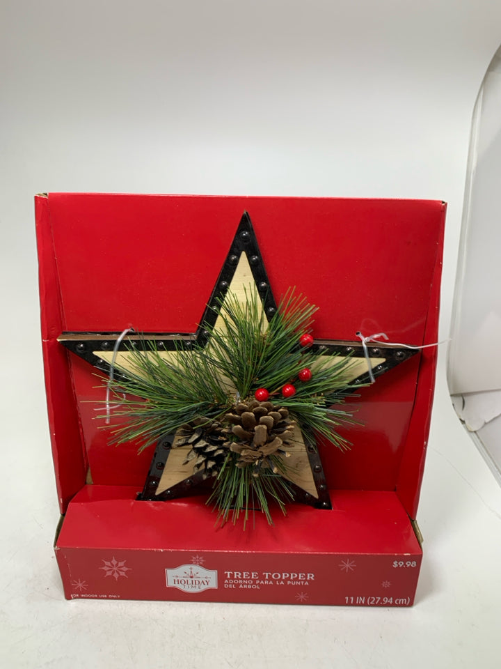 NIP WOOD W/ STUDDED EDGE PINECONE DECOR STAR TREE TOPPER.