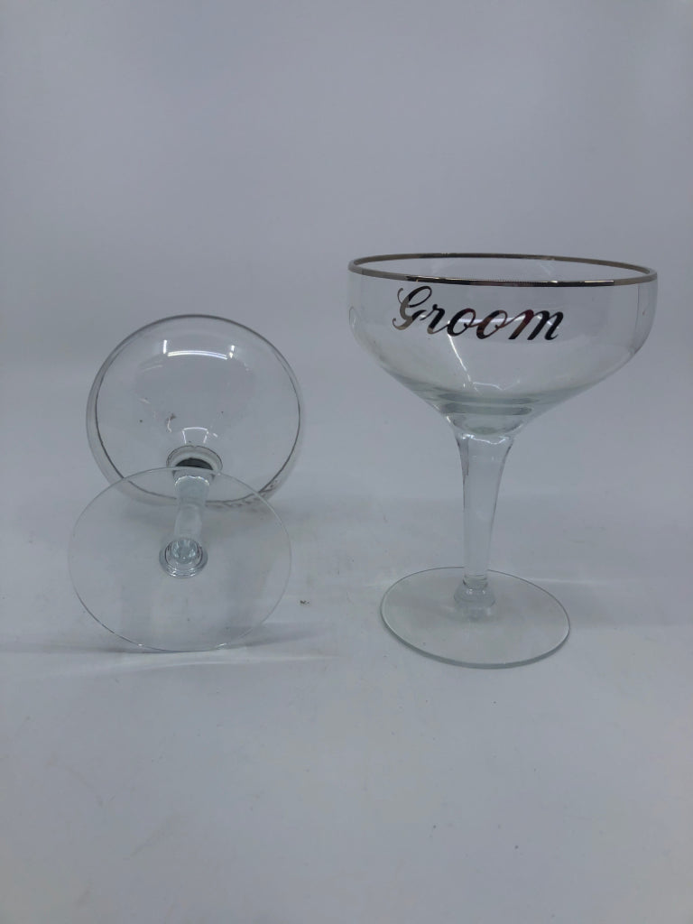 2-BRIDE AND GROOM COUPE CHAMPAGNE GLASSES.