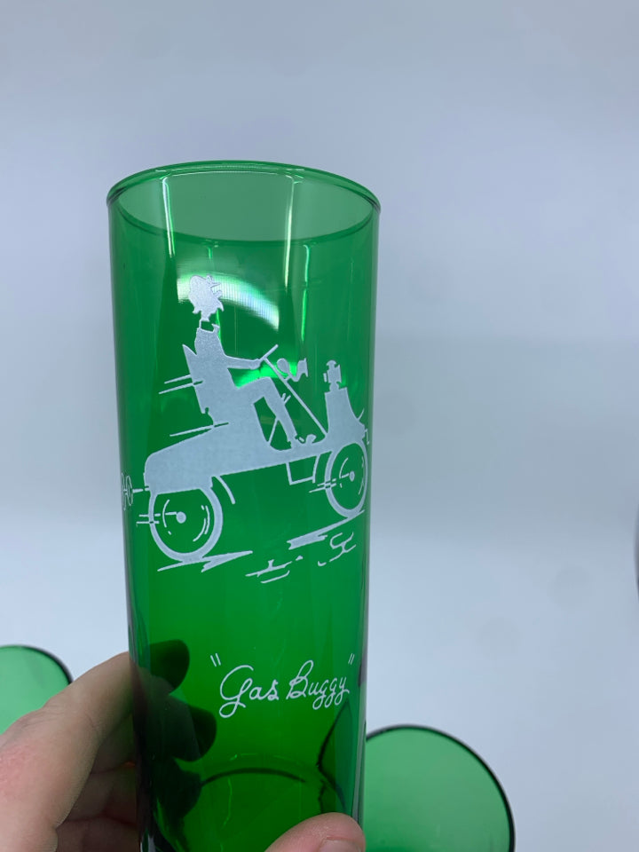 4 VTG GREEN GLASS WATER/ TALL COCKTAIL GLASSES.