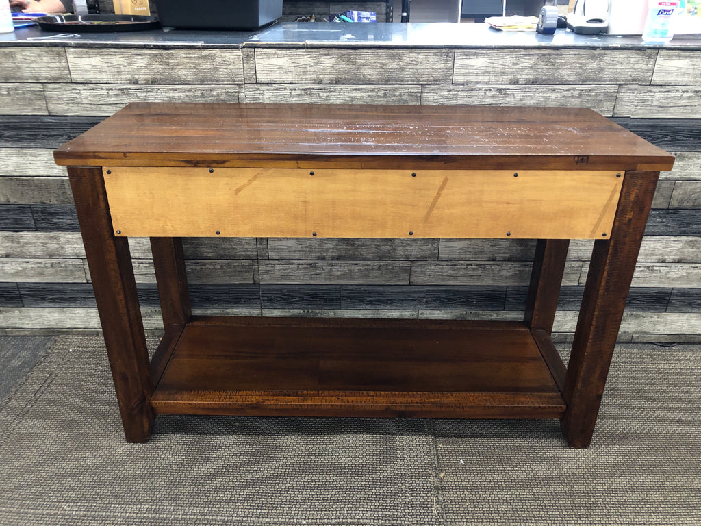 DARK WOOD CONSOLE TABLE W 2 DRAWERS AND BOTTOM SHELF.