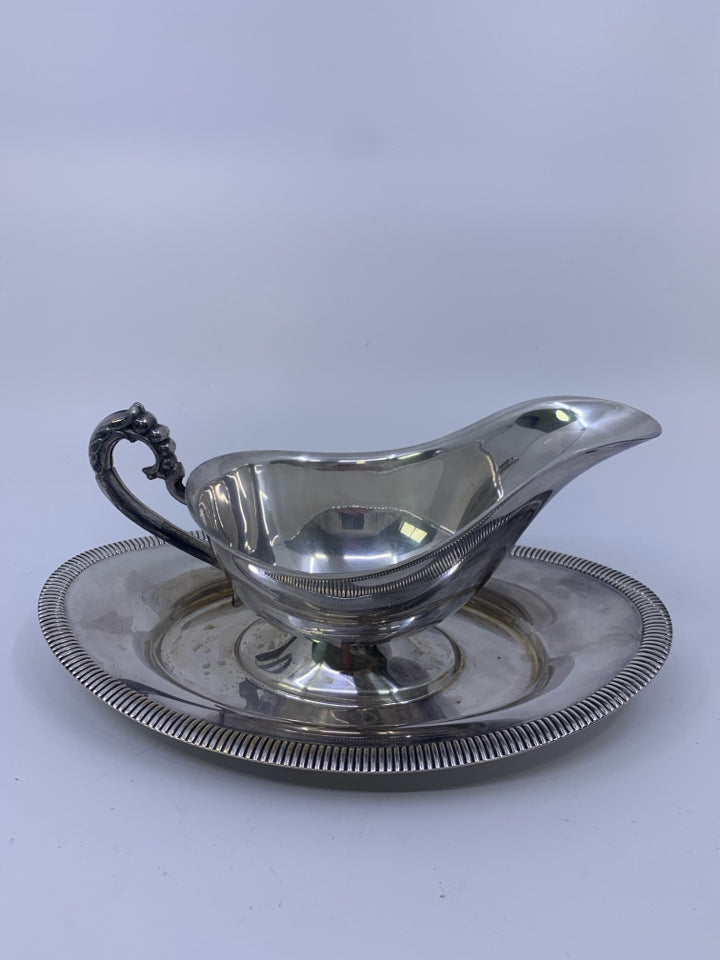 SILVER PLATED GRAVY BOAT W/ ATTACHED DRIP PLATE.