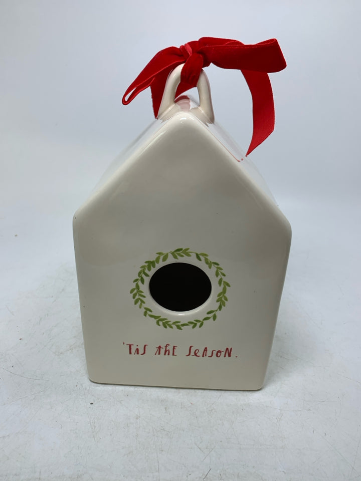WHITE RAE DUNN TIS THE SEASON BIRDHOUSE.