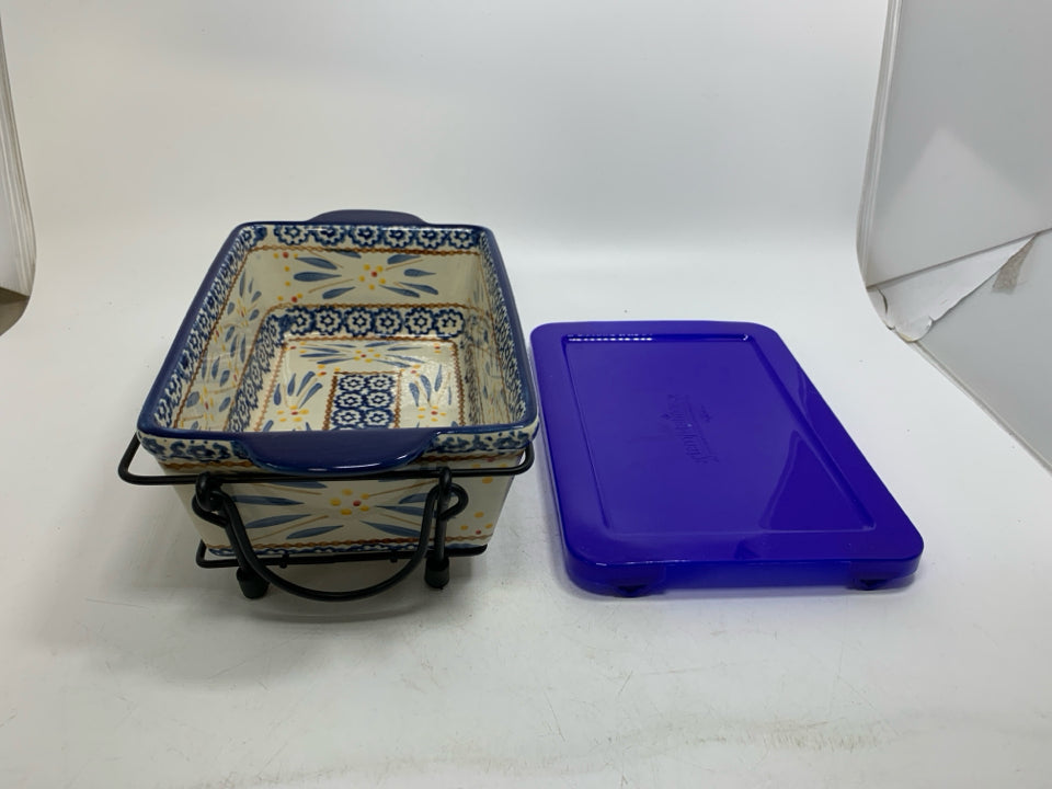 BLUE OLD WORLD LOAF PAN W/ WIRE RACK + LID.