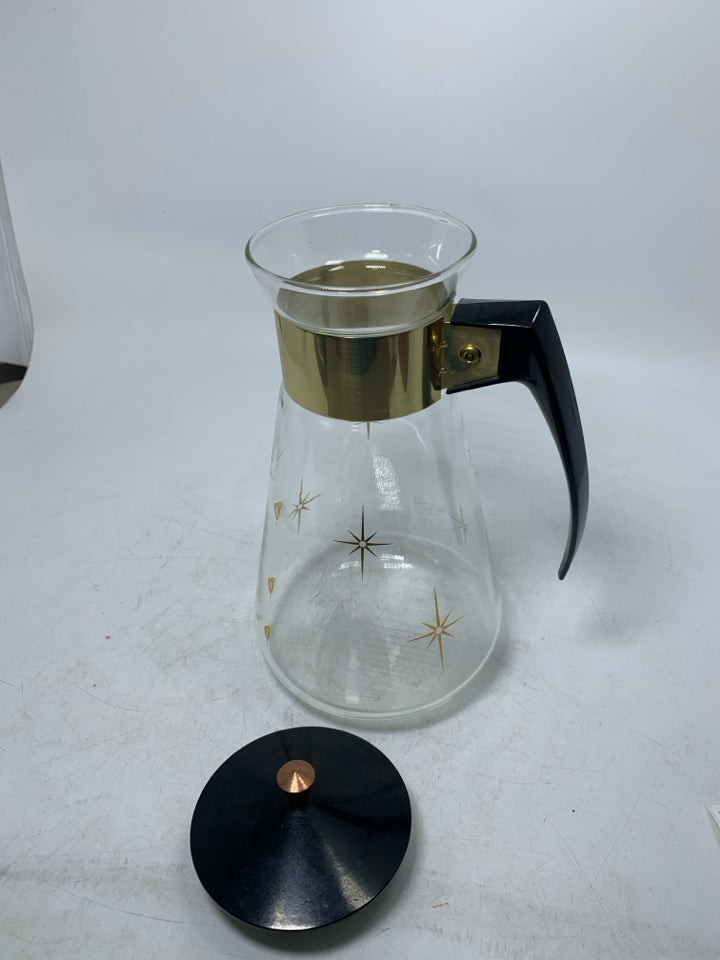 VTG ATOMIC GOLD STARBURST GLASS COFFEE POT/ CARAFE HEATPROOF.