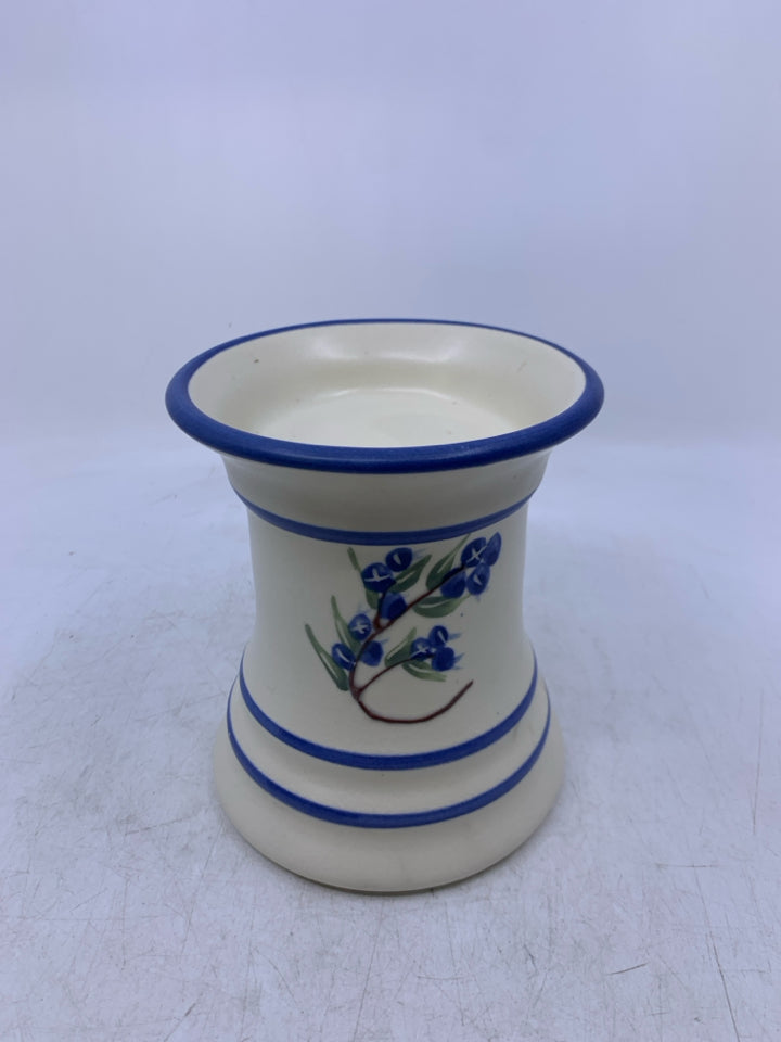 WHITE W/ BLUE LINES + BLUEBERRIES PILLAR CANDLE HOLDER.